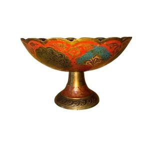 Vintage Pedestal Bowl Scalloped Rim Peacock Enamel Painted Decorative Dish